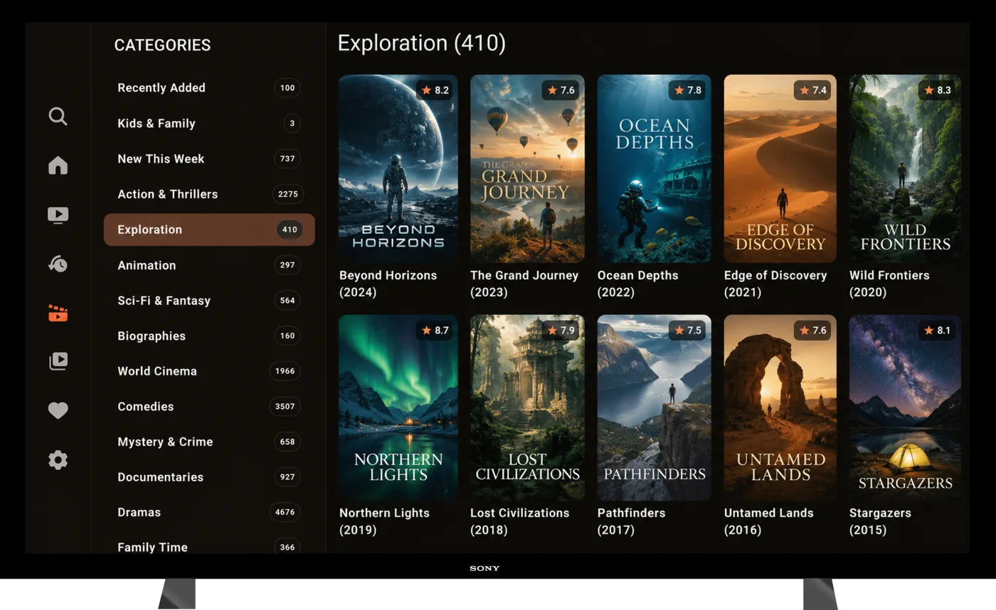 TV — movie library with genre categories and poster ratings